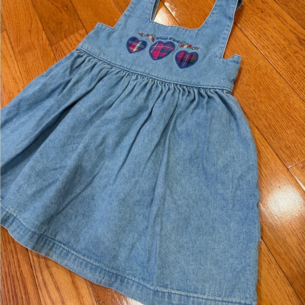 Vintage 90s Girls OSHKOSH B'Gosh Sz 5 Dress Jumper Denim Jean Plaid Hearts - Picture 4 of 12